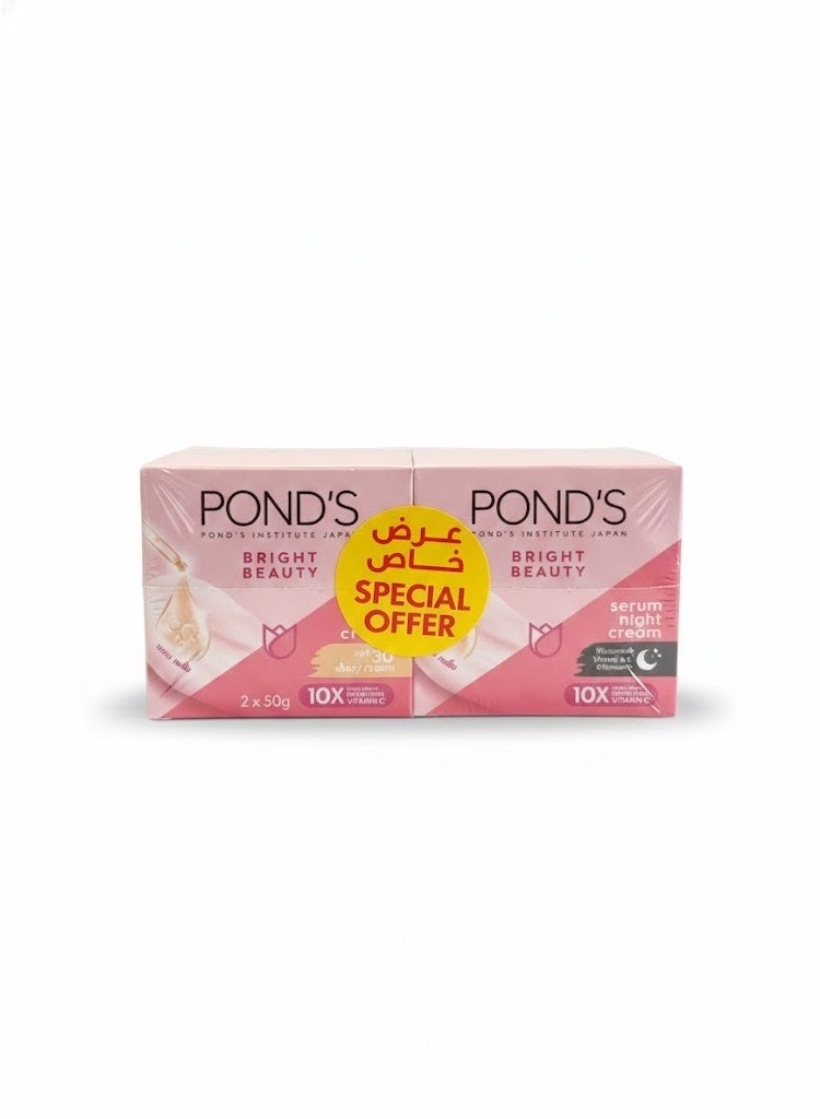 Pond's Bright Beauty Serum Day Cream with SPF 30 + Night Cream, with Niacinamide, Vitamin E, and Glycerin, 2 x 50g